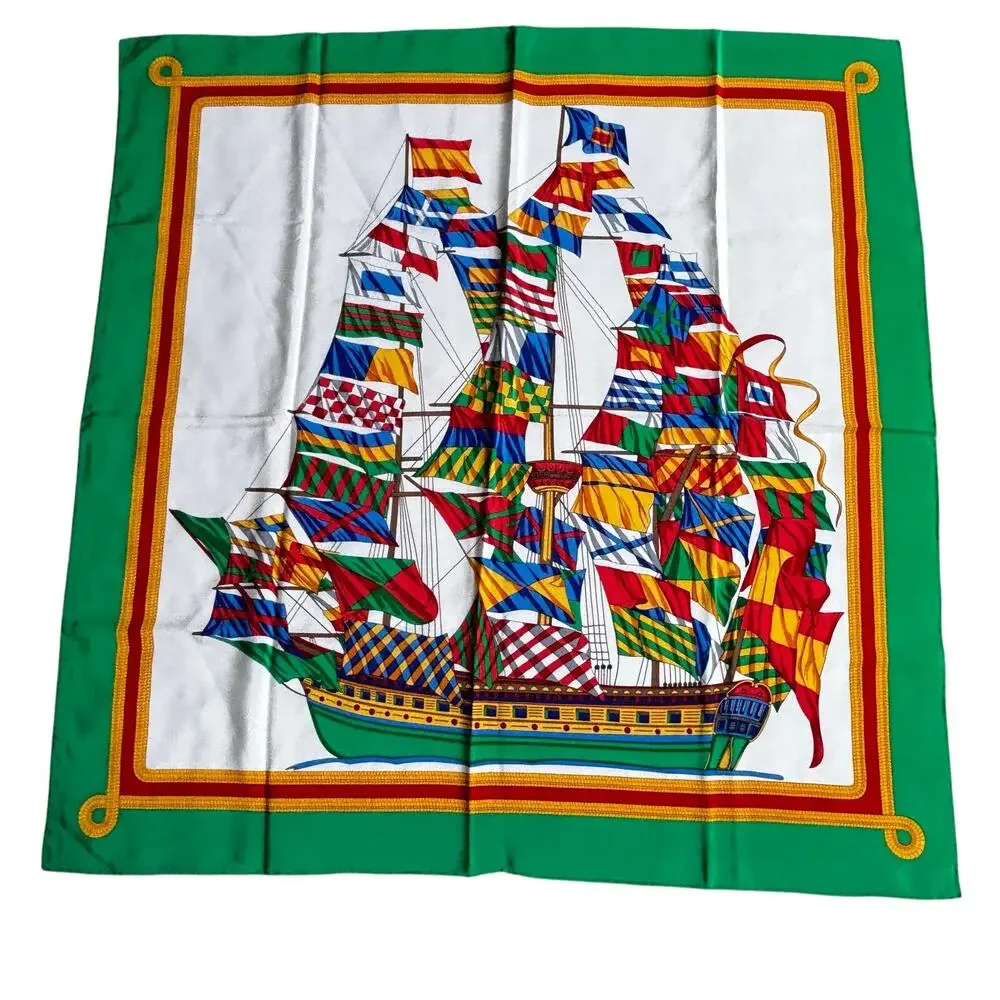 Vintage silky scarf multicolor green white sailing ship flagship motif colorful